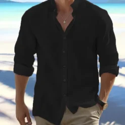 Men's Shirt Summer Shirt Beach Wear Button Up Shirt Black White Pink Red Long Sleeve Plain Band Collar Spring & Summer Casual Daily Clothing Apparel 100% Cotton