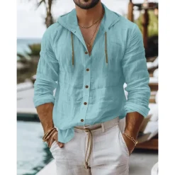 Men's Shirt Summer Shirt Beach Wear Button Up Shirt Plain Vacation Casual Black White Sky Blue Khaki Long Sleeve Collar Spring & Summer Clothing Apparel