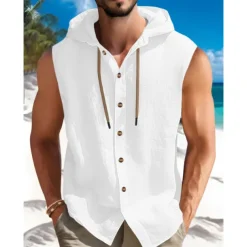 Men's Shirt Summer Shirt Beach Wear Button Up Shirt Plain Vacation Curise Black White Blue Khaki Sleeveless Hooded Summer Spring Clothing Apparel