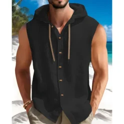 Men's Shirt Summer Shirt Beach Wear Button Up Shirt Plain Vacation Curise Black White Blue Khaki Sleeveless Hooded Summer Spring Clothing Apparel