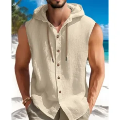 Men's Shirt Summer Shirt Beach Wear Button Up Shirt Plain Vacation Curise Black White Blue Khaki Sleeveless Hooded Summer Spring Clothing Apparel