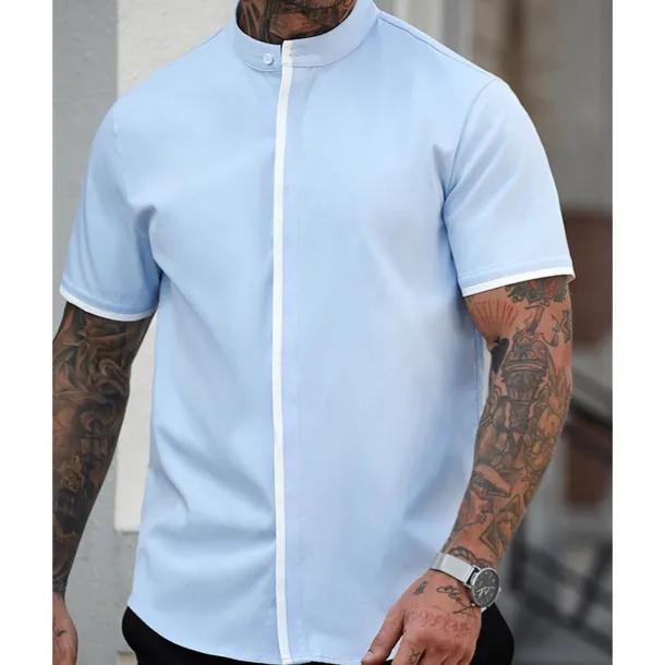 Men's Shirt Summer Shirt Casual Shirt Beach Shirt Button Up Shirt White Blue Short Sleeve Plain Band Collar Vacation Hawaiian Patchwork Clothing Apparel Polyester Fashion Casual Comfortable