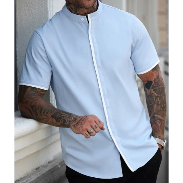 Men's Shirt Summer Shirt Casual Shirt Beach Shirt Button Up Shirt White Blue Short Sleeve Plain Band Collar Vacation Hawaiian Patchwork Clothing Apparel Polyester Fashion Casual Comfortable