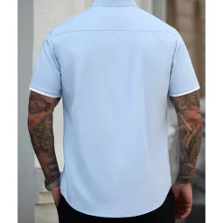 Men's Shirt Summer Shirt Casual Shirt Beach Shirt Button Up Shirt White Blue Short Sleeve Plain Band Collar Vacation Hawaiian Patchwork Clothing Apparel Polyester Fashion Casual Comfortable