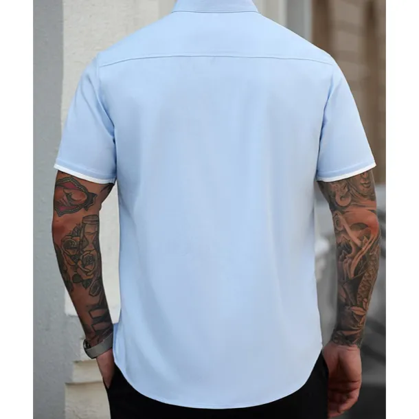 Men's Shirt Summer Shirt Casual Shirt Beach Shirt Button Up Shirt White Blue Short Sleeve Plain Band Collar Vacation Hawaiian Patchwork Clothing Apparel Polyester Fashion Casual Comfortable