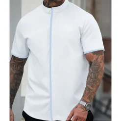Men's Shirt Summer Shirt Casual Shirt Beach Shirt Button Up Shirt White Blue Short Sleeve Plain Band Collar Vacation Hawaiian Patchwork Clothing Apparel Polyester Fashion Casual Comfortable