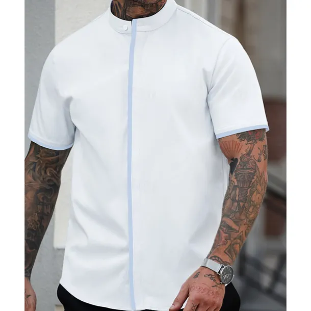 Men's Shirt Summer Shirt Casual Shirt Beach Shirt Button Up Shirt White Blue Short Sleeve Plain Band Collar Vacation Hawaiian Patchwork Clothing Apparel Polyester Fashion Casual Comfortable