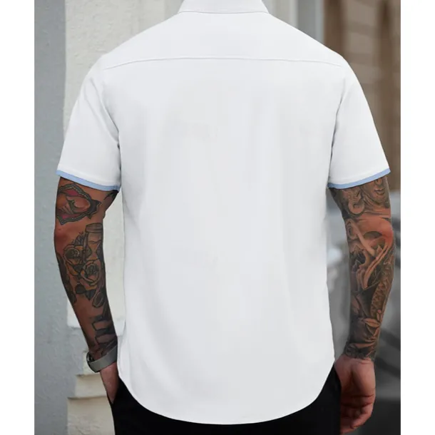 Men's Shirt Summer Shirt Casual Shirt Beach Shirt Button Up Shirt White Blue Short Sleeve Plain Band Collar Vacation Hawaiian Patchwork Clothing Apparel Polyester Fashion Casual Comfortable