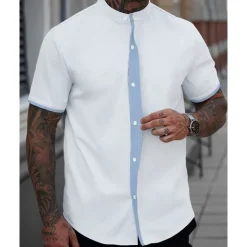 Men's Shirt Summer Shirt Casual Shirt Beach Shirt Button Up Shirt White Blue Short Sleeve Plain Band Collar Vacation Hawaiian Patchwork Clothing Apparel Polyester Fashion Casual Comfortable