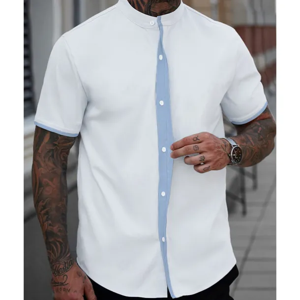 Men's Shirt Summer Shirt Casual Shirt Beach Shirt Button Up Shirt White Blue Short Sleeve Plain Band Collar Vacation Hawaiian Patchwork Clothing Apparel Polyester Fashion Casual Comfortable