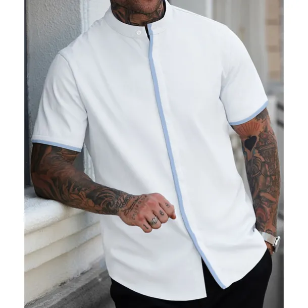 Men's Shirt Summer Shirt Casual Shirt Beach Shirt Button Up Shirt White Blue Short Sleeve Plain Band Collar Vacation Hawaiian Patchwork Clothing Apparel Polyester Fashion Casual Comfortable