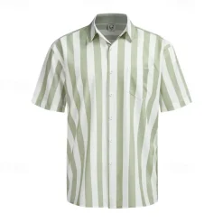 Men's Shirt Summer Shirt Casual Shirt Beach Shirt Button Up Shirt Light Green Blue Green Gray Short Sleeve Stripes Lapel Vacation Hawaiian Clothing Apparel Polyester Fashion Casual Comfortable