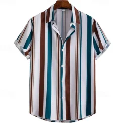 Men's Shirt Summer Shirt Casual Shirt Beach Shirt Button Up Shirt Striped Shirts White Blue Brown khaki Short Sleeve Stripes Turndown Vacation Hawaiian Clothing Apparel Polyester Fashion Casual