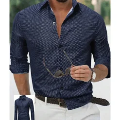 Men's Shirt Summer Shirt Casual Shirt Beach Shirt Button Up Shirt White Navy Blue Purple Dark Blue Light Blue Long Sleeve Polka Dot Lapel Vacation Hawaiian Button-Down Clothing Apparel Polyester