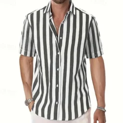 Men's Shirt Summer Shirt Casual Shirt Beach Shirt Button Up Shirt Black Pink Sky Blue Gray Short Sleeve Striped Lapel Vacation Hawaiian Buttons Clothing Apparel Polyester Fashion Casual Comfortable