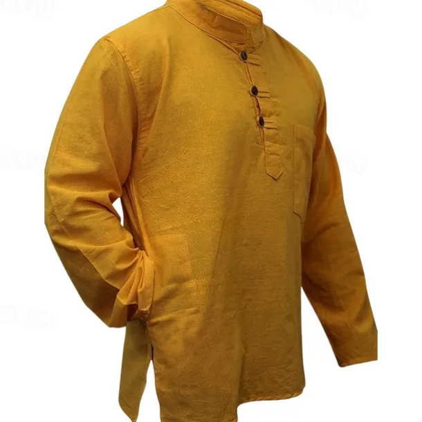 Men's Shirt Summer Shirt Casual Shirt Beach Shirt Button Up Shirt Black Yellow Orange Army Green Dark Blue Long Sleeve Plain Band Collar Vacation Hawaiian Clothing Apparel Polyester Fashion Casual