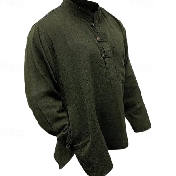 Men's Shirt Summer Shirt Casual Shirt Beach Shirt Button Up Shirt Black Yellow Orange Army Green Dark Blue Long Sleeve Plain Band Collar Vacation Hawaiian Clothing Apparel Polyester Fashion Casual