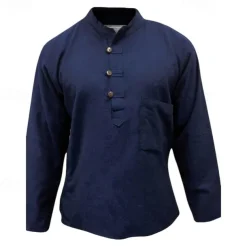 Men's Shirt Summer Shirt Casual Shirt Beach Shirt Button Up Shirt Black Yellow Orange Army Green Dark Blue Long Sleeve Plain Band Collar Vacation Hawaiian Clothing Apparel Polyester Fashion Casual