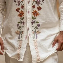 Men's Shirt Summer Shirt Casual Shirt Beach Shirt Button Up Shirt White Long Sleeve Floral Lapel Vacation Hawaiian Print Clothing Apparel Polyester Fashion Casual Comfortable