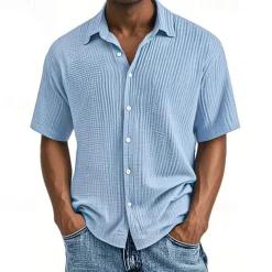 Men's Shirt Summer Shirt Casual Shirt Beach Shirt Button Up Shirt Black White Wine Navy Blue Brown Short Sleeve Plain Lapel Vacation Hawaiian Pleats Clothing Apparel 100% Cotton Fashion Casual