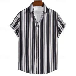 Men's Shirt Summer Shirt Casual Shirt Beach Shirt Button Up Shirt Striped Shirts Black Brown Coffee Short Sleeve Stripe Turndown Vacation Hawaiian Clothing Apparel Polyester Fashion Casual Comfortable
