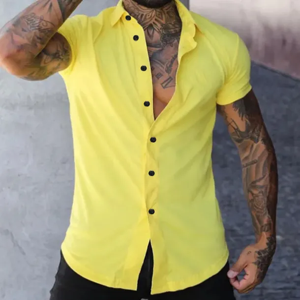 Men's Shirt Summer Shirt Casual Shirt Button Up Shirt Untucked Shirts Black White Yellow Pink Dark Navy Short Sleeve Plain Turndown Vacation Street Clothing Apparel Fashion Casual Comfortable
