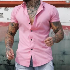 Men's Shirt Summer Shirt Casual Shirt Button Up Shirt Untucked Shirts Black White Yellow Pink Dark Navy Short Sleeve Plain Turndown Vacation Street Clothing Apparel Fashion Casual Comfortable