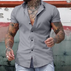 Men's Shirt Summer Shirt Casual Shirt Button Up Shirt Untucked Shirts Black White Yellow Pink Dark Navy Short Sleeve Plain Turndown Vacation Street Clothing Apparel Fashion Casual Comfortable