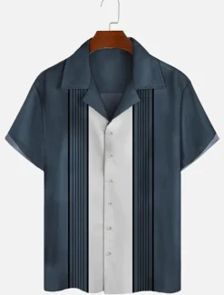 Men's Shirt Summer Shirt Casual Shirt Cuban Collar Shirt Bowling Shirt Button Up Shirt Green Dark Blue Gray Short Sleeve Color Block Camp Collar Vacation Daily Print Clothing Apparel Cotton Cotton