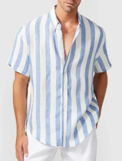 Men's Shirt Summer Shirt Casual Shirt Beach Shirt Button Up Shirt Blue Short Sleeve Stripes Lapel Vacation Daily Clothing Apparel Cotton Cotton Blend Fashion Casual Comfortable