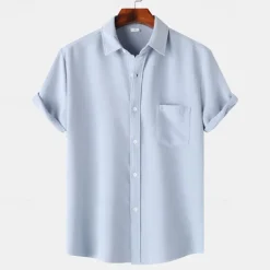 Men's Shirt Summer Shirt Casual Shirt Beach Shirt Button Up Shirt White Light Green Navy Blue Blue Purple Short Sleeve Plain Lapel Vacation Hawaiian Pocket Clothing Apparel Polyester Fashion Casual