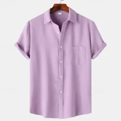 Men's Shirt Summer Shirt Casual Shirt Beach Shirt Button Up Shirt White Light Green Navy Blue Blue Purple Short Sleeve Plain Lapel Vacation Hawaiian Pocket Clothing Apparel Polyester Fashion Casual