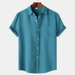 Men's Shirt Summer Shirt Casual Shirt Beach Shirt Button Up Shirt White Light Green Navy Blue Blue Purple Short Sleeve Plain Lapel Vacation Hawaiian Pocket Clothing Apparel Polyester Fashion Casual