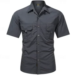 Men's Shirt Summer Shirt Casual Shirt Button Up Shirt Cargo Shirt khaki Dark Grey Army Green Short Sleeve Plain Shirt Collar Vacation Hawaiian Pocket Clothing Apparel 100% Cotton Fashion Casual