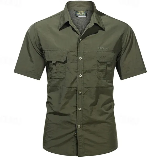 Men's Shirt Summer Shirt Casual Shirt Button Up Shirt Cargo Shirt khaki Dark Grey Army Green Short Sleeve Plain Shirt Collar Vacation Hawaiian Pocket Clothing Apparel 100% Cotton Fashion Casual
