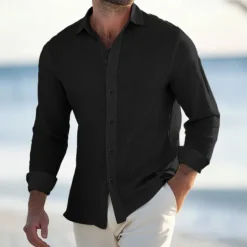 Men's Shirt Waffle Shirt Summer Shirt Casual Shirt Button Up Shirt Black White Blue khaki Long Sleeve Plain Lapel Vacation Daily Clothing Apparel Fashion Casual Comfortable