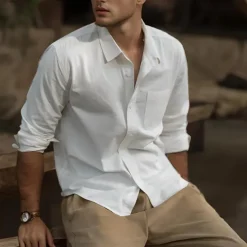 Men's Shirt White Blue Army Green Dark Gray Apricot Long Sleeve Solid Color Rolled collar Causal Casual Buttons Clothing Apparel Neutral Daily