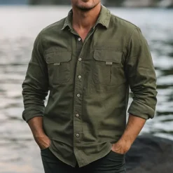 Men's Shirt Work Shirt Button Up Shirt Cargo Shirt Black Green khaki Light Grey Long Sleeve Plain Lapel Vacation Holiday Front Pocket Clothing Apparel Fashion Casual Comfortable