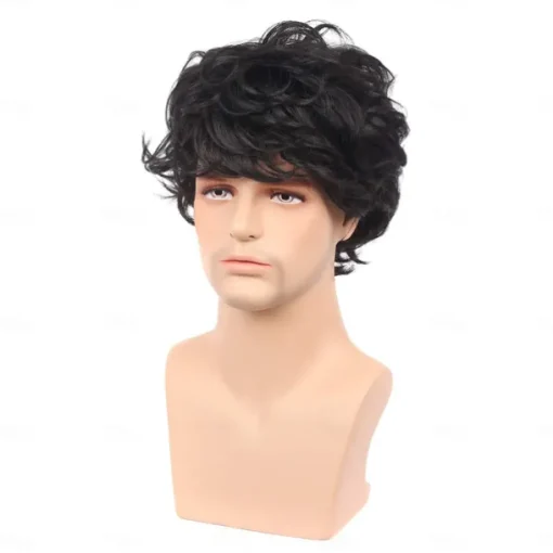 Men's Short Curly Hair Black Wig With Bangs Cosplay Halloween Costume Party Natural Hair Wig