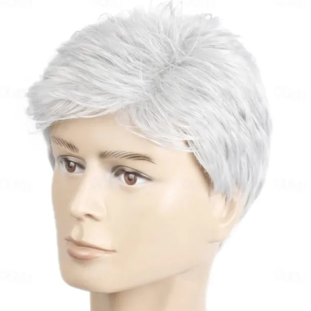 Mens Short Grey White Wigs Fluffy and Realistic Short Hair Old Man Wig MenS Natural Daily Use Hair Synthetic Hair Heat Resistant Replacement Full Wigs