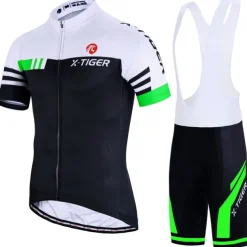 Men's Short Sleeve Cycling Jersey with Bib Shorts Summer Spandex Polyester Green Red Blue Stripes Bike Clothing Suit 3D Pad Breathable Quick Dry Reflective Strips Sports Stripes Mountain Bike MTB