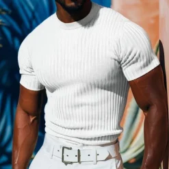 Men's Short Sleeve Shirt Ribbed Knit tee Tee Top Short Sleeve Crew Neck Summer Spring & Summer Solid Color Pit Strip Sports Daily Ribbed Outdoor Casual Dark Grey White Royal Blue Top Tee for Men