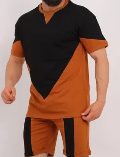 Men's Shorts and T Shirt Set Short Sleeves Crew Neck Summer Color Block Stylish Modern Contemporary Comfortable 2 Piece Vacation Casual Daily Black White Red Top Tee for Men