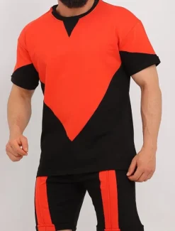 Men's Shorts and T Shirt Set Short Sleeves Crew Neck Summer Color Block Stylish Modern Contemporary Comfortable 2 Piece Vacation Casual Daily Black White Red Top Tee for Men