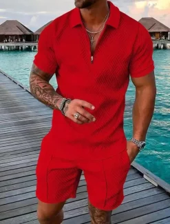 Men's Shorts and T Shirt Set Zip Polo Golf Shirt Turndown Streetwear Sportswear Casual Short Sleeve Black Yellow Pink Red Navy Blue Blue Waves Geometry Turndown Zip Going out Zipper Clothing Clothes