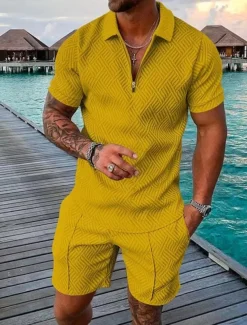 Men's Shorts and T Shirt Set Zip Polo Golf Shirt Turndown Streetwear Sportswear Casual Short Sleeve Black Yellow Pink Red Navy Blue Blue Waves Geometry Turndown Zip Going out Zipper Clothing Clothes