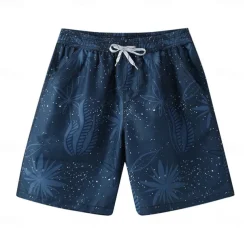 Men's Shorts Beach Shorts Drawstring Graphic Leaf Tree Breathable Quick Dry Knee Length Outdoor Vacation Home Vacation Ethnic Style Navy Blue Stretchy