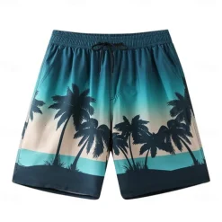 Men's Shorts Beach Shorts Pocket Drawstring Print Graphic Leaf Tree Breathable Quick Dry Knee Length Outdoor Vacation Home Vacation Ethnic Style Lake blue Dark Blue / Red Micro-elastic