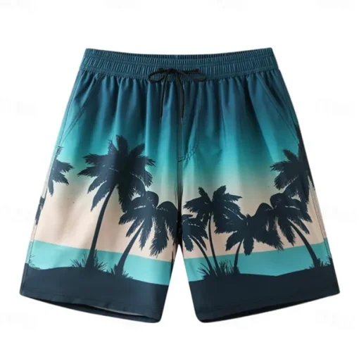 Men's Shorts Beach Shorts Pocket Drawstring Print Graphic Leaf Tree Breathable Quick Dry Knee Length Outdoor Vacation Home Vacation Ethnic Style Lake blue Dark Blue / Red Micro-elastic