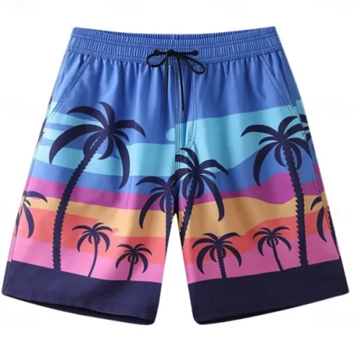 Men's Shorts Beach Shorts Pocket Drawstring Print Graphic Leaf Tree Breathable Quick Dry Knee Length Outdoor Vacation Home Vacation Ethnic Style Lake blue Dark Blue / Red Micro-elastic